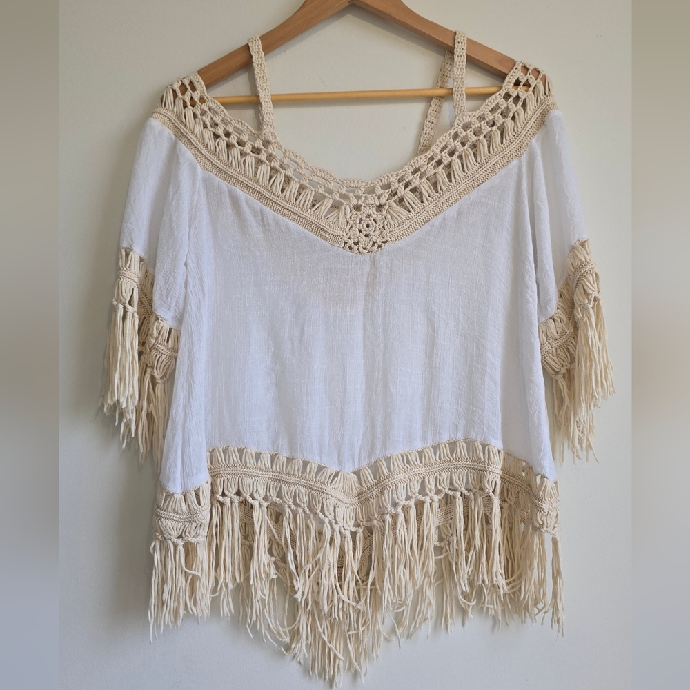 Dreamers Fringe Crochet Cold-Shoulder Boho Top in White & Cream Size S - Picture 3 of 5